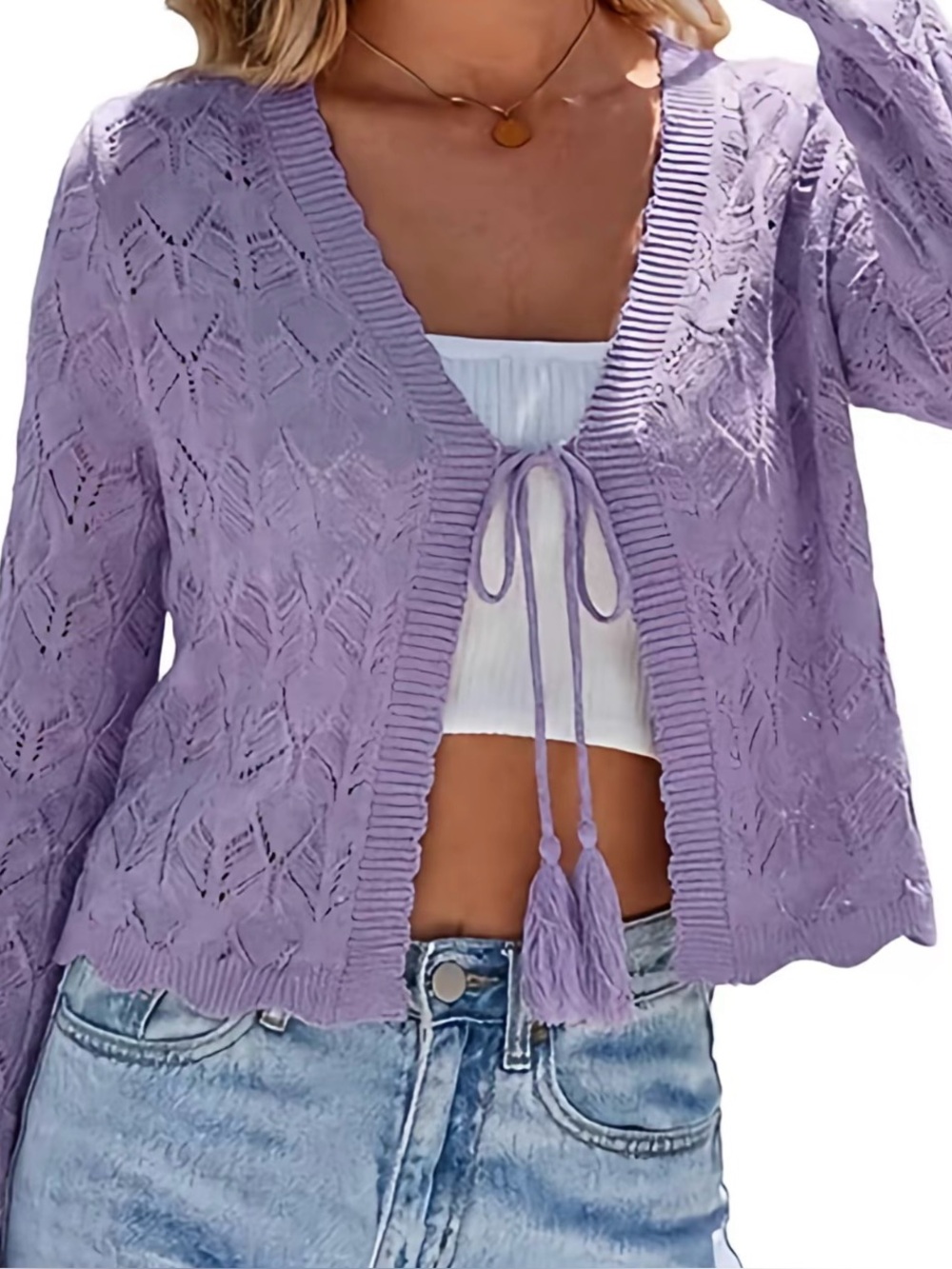 Arach&Cloz Women's Linen Tie Front Crochet Spring Shrug New Purple Size XS